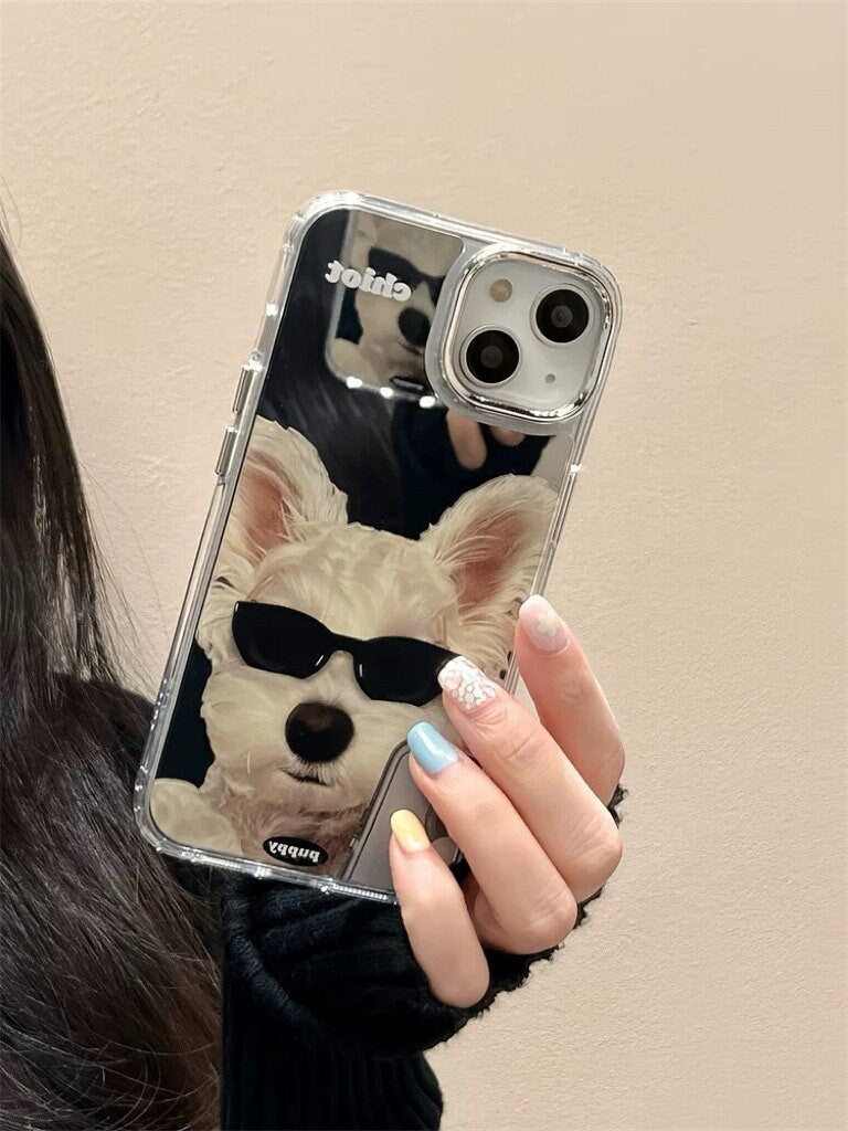 Cute Minimalist Electroplated Silver Mirror Cool Sunglasses Pet Dog Print Design Protective Phone Case for iPhone 11 12 13 14 15 Pro Max