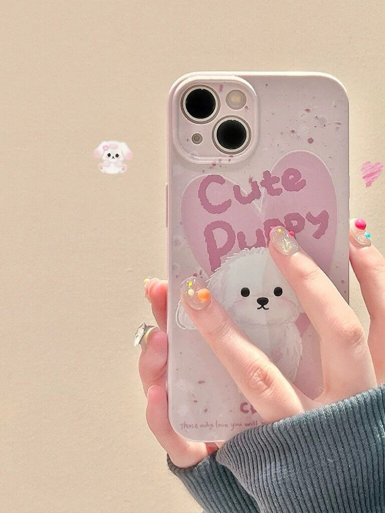 Pastel Color Pink Painting Flower White Cute Puppy Protective Shockproof Phone Case with Foldable Stand for iPhone 11 12 13 14 15 Pro Max