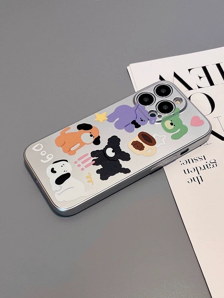 Cute Pet Puppy Lover Electroplated Silver Grey Dog Doodle Drawings Design Protective Shockproof Phone Case for iPhone 11 12 13 14 15 Pro Max