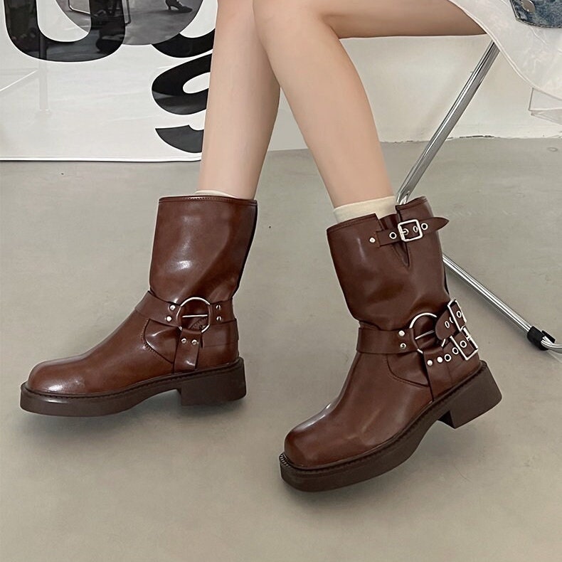 Retro Brown Boots, Multi Strap Heeled Boots, Cowboy Boots, PU Leather Boots, Ankle Boots for Women, Winter Spring Fall Square Head Boots