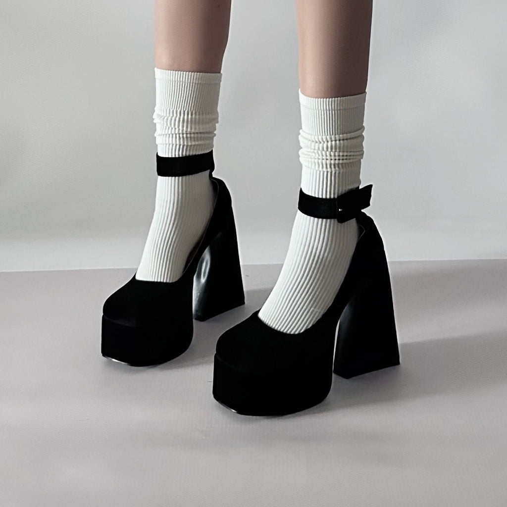 Solid Mary Jane High Heels, Ankle Strap Buckle Chunky High Heels, Platform Heels for Women, Square Toe High Heels, Cute Kawaii Velvet Shoes