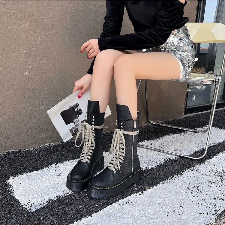 Black Leather Front Tie Lace Up Boots, Round Head Ankle Boots for Women, Black Platform Leather Boots, Thick Sole Round Toe Boots