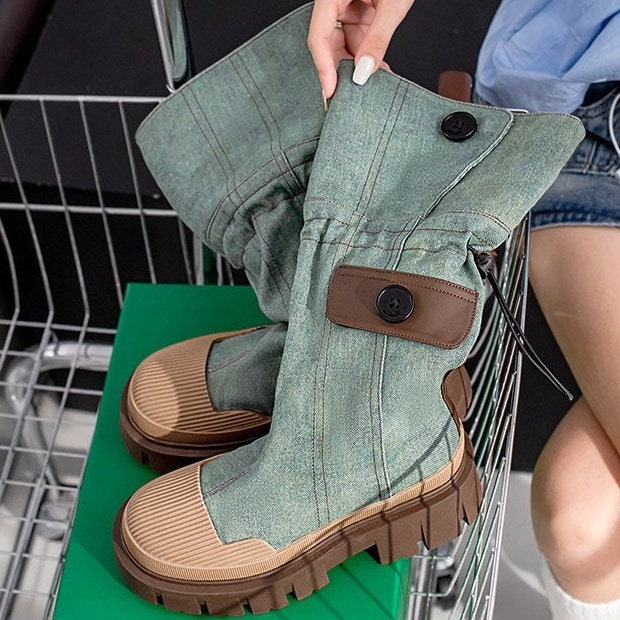 Denim Green Boots, Round Head Knee-High Boots for Women, Chunky Platform Combat Boots, Thick Sole Round Toe Drawstring Design Brown Boots