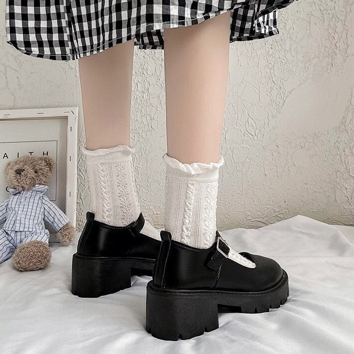 Solid Mary Jane Shoes, Lolita Leather Low Heels, Front Strap Buckle Creepers for Women, Round Toe Mary Janes, Black Patent Leather Shoes