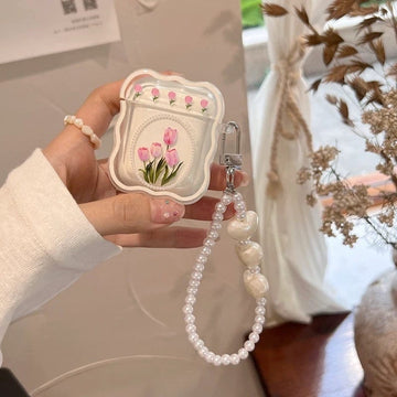 Cute Wavy Clear Oval Flower Painting Protective Shockproof Cover AirPods Case + White Heart Pearl Strap for AirPods 1 2 3 Pro 2 Generation