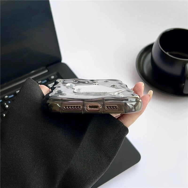 Cute Grey Ink Painting Diamond Rhinestone Studded with Mini Mirror Protective Shockproof iPhone Case for iPhone 11 12 13 14 15 Plus Pro Max