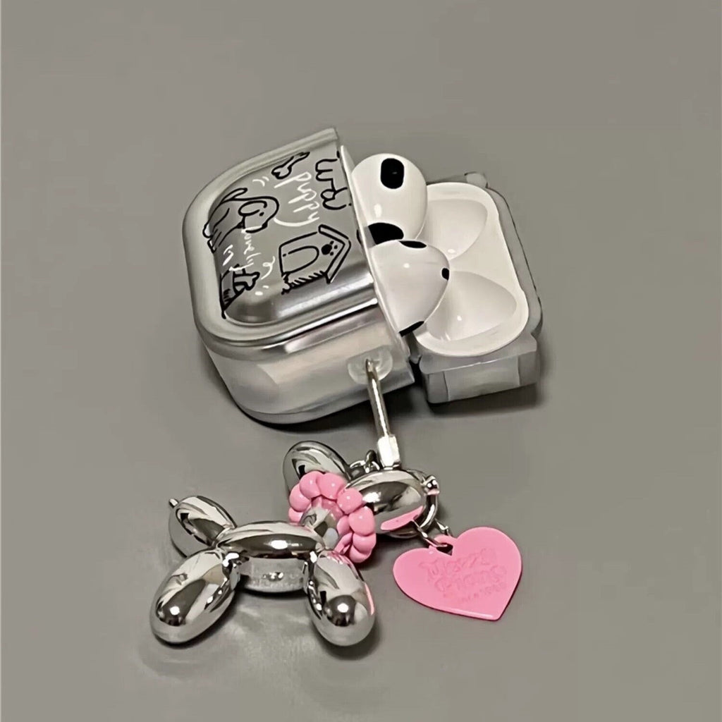 Cute Electroplated Silver Protective Cover AirPods Case + Silver Toy Carabiner for AirPods 1 2 3 Pro 2 Generation Shockproof AirPods Case