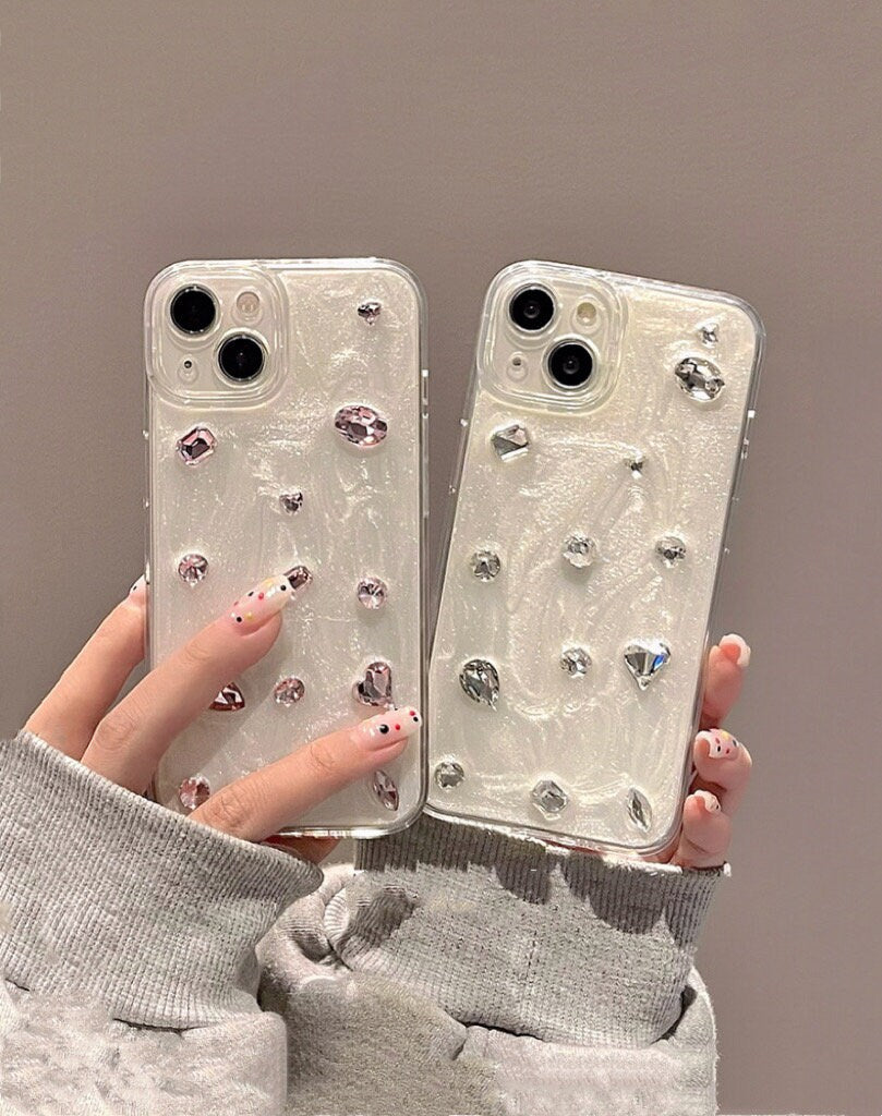 Cute Solid White Pearlescent Diamond Rhinestone Studded Bling Glam Protective Shockproof iPhone Case for iPhone 11 12 13 14 15 Plus Pro Max