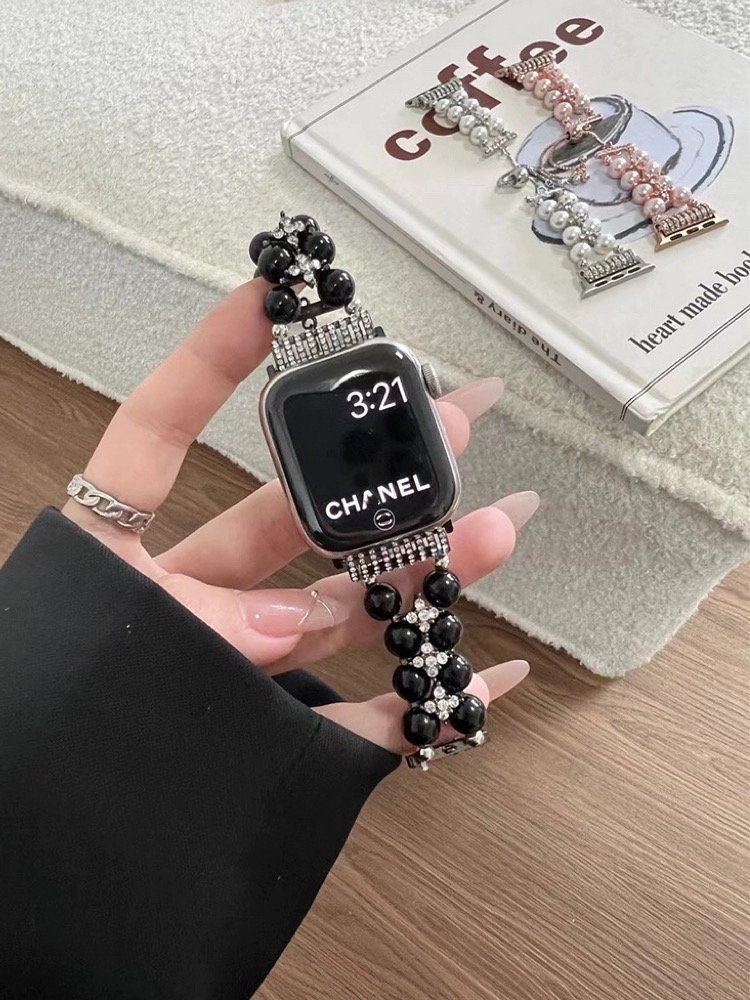 Diamond Studded Chain Pearl Strap iWatch Band Series 12 3 4 5 6 7 8 9 Ultra Generation 38mm 40mm 41mm 42mm 44mm 45mm 49mm + Apple Watch Case