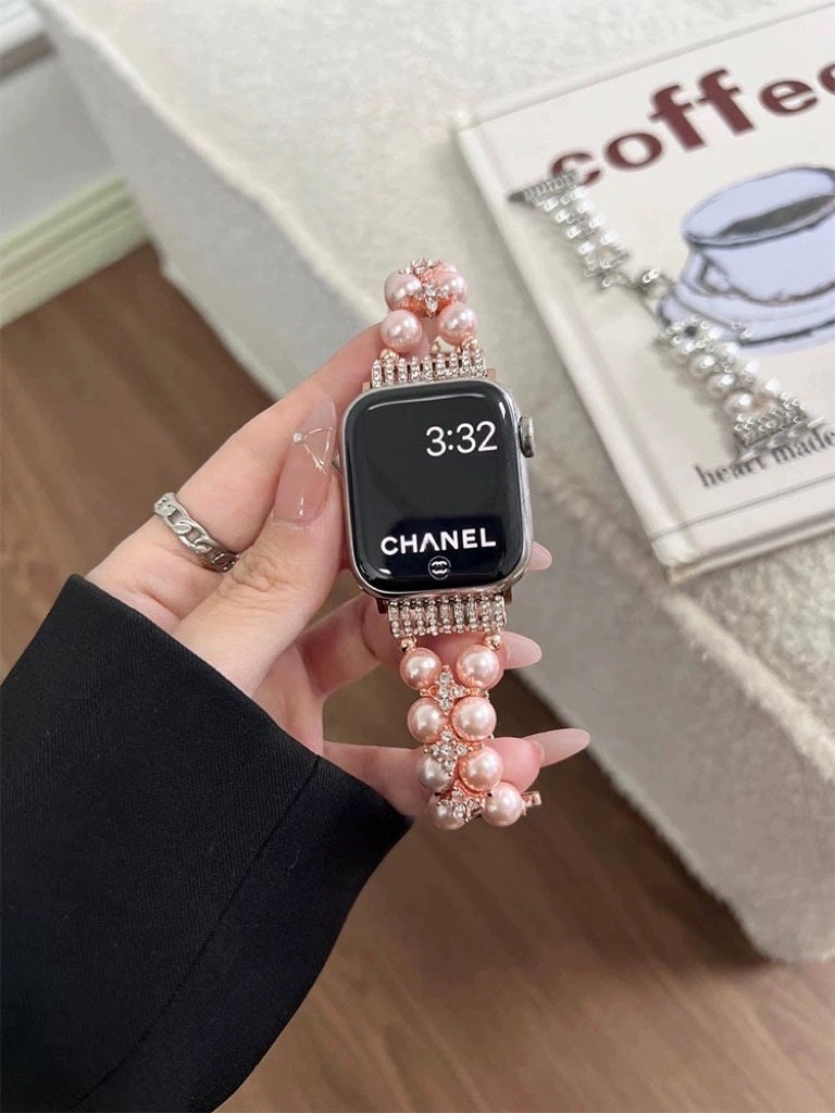 Diamond Studded Chain Pearl Strap iWatch Band Series 12 3 4 5 6 7 8 9 Ultra Generation 38mm 40mm 41mm 42mm 44mm 45mm 49mm + Apple Watch Case