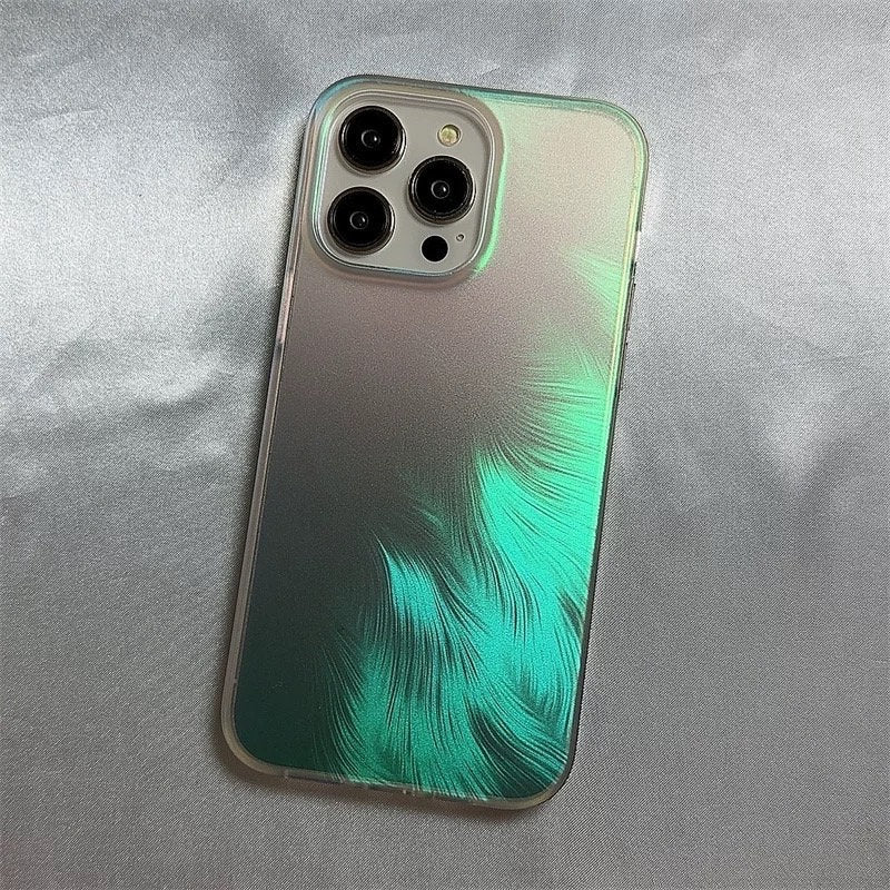 Cute Clear Holographic Laser White, Gold, Green Feather Design Protective Shockproof iPhone Case for iPhone 11 12 13 14 15 Plus Pro Max