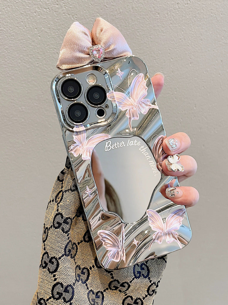 Cute Silver 3D Water Ripple Wave with Pink Bow Ribbon Decor Design Protective Shockproof iPhone Case for iPhone 11 12 13 14 15 Plus Pro Max