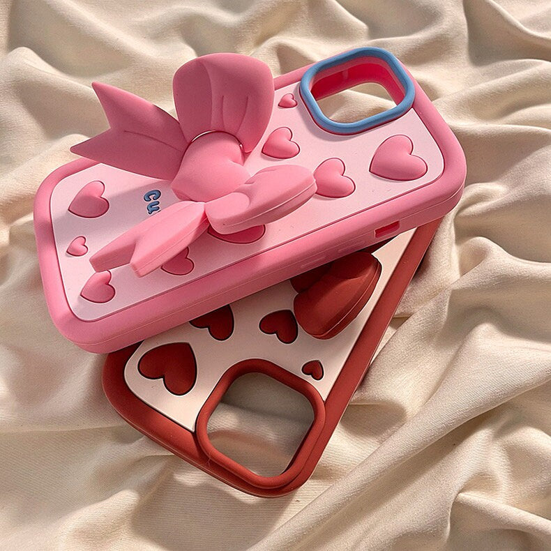 Cute Polka Hearts Design with a Foldable Ribbon Shaped Stand Thick Protective Shockproof iPhone Case for iPhone 11 12 13 14 15 Plus Pro Max