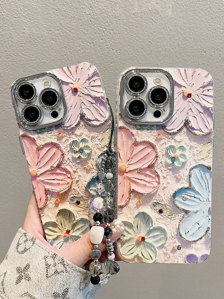 Cute Blue Ray Pink Oil Painting Flowers Design + Silver Hand Strap Protective Shockproof Phone Case for iPhone 11 12 13 14 15 Pro Max Case
