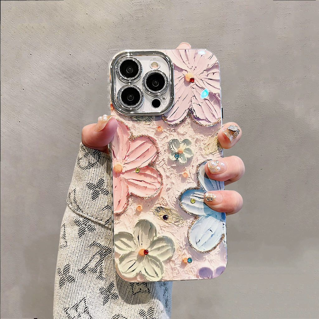 Cute Blue Ray Pink Oil Painting Flowers Design + Silver Hand Strap Protective Shockproof Phone Case for iPhone 11 12 13 14 15 Pro Max Case