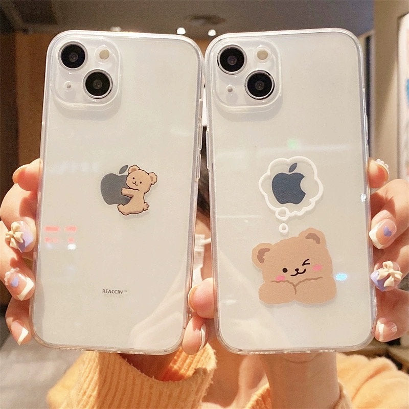 Cute Clear Transparent Brown Kawaii Cartoon Bear Protective Shockproof Anti-Fall iPhone Case for iPhone 11 12 13 14 15 Plus Pro Max