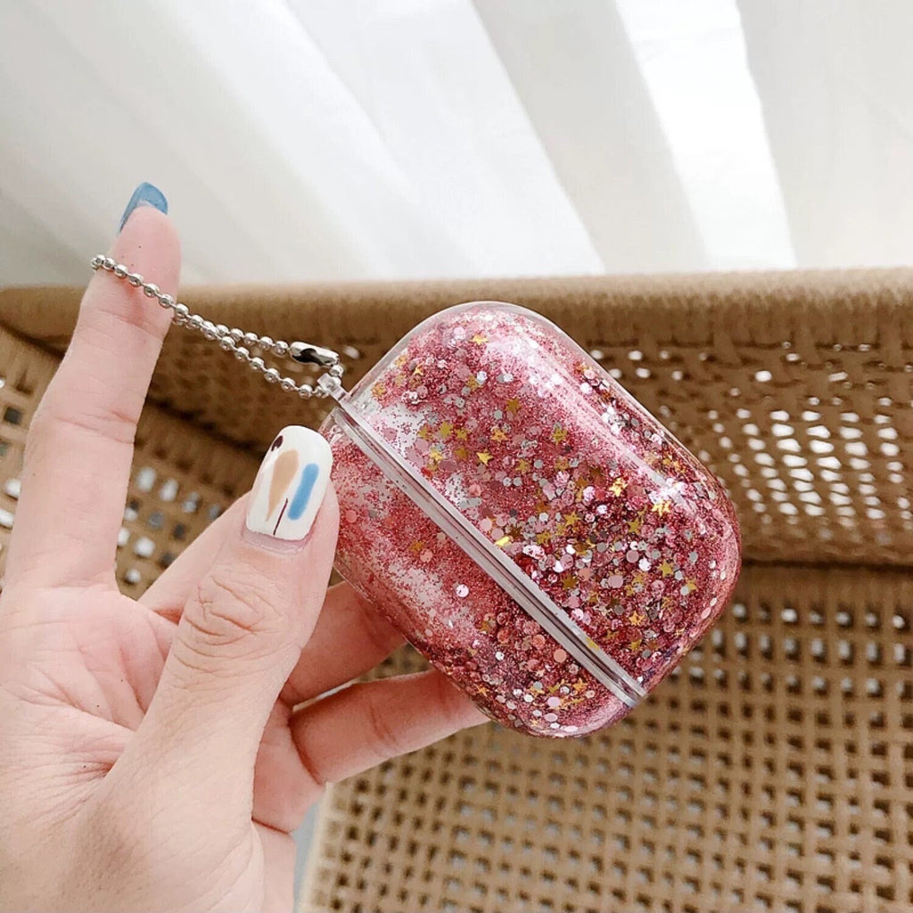 Cute Liquid Glitter Plastic Protective Cover AirPods Case + Silver Chain Strap for AirPods 1 2 3 Pro 2 Generation Shockproof AirPods Case