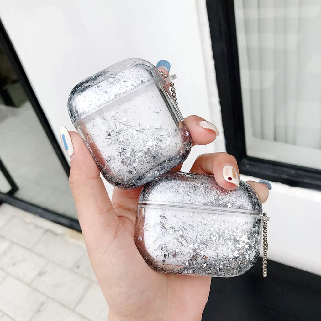 Cute Liquid Glitter Plastic Protective Cover AirPods Case + Silver Chain Strap for AirPods 1 2 3 Pro 2 Generation Shockproof AirPods Case