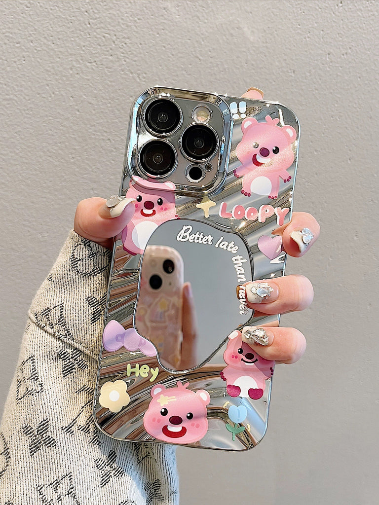 Cute Silver 3D Water Ripple Wave with Cute Cartoon Animals Design Protective Shockproof iPhone Case for iPhone 11 12 13 14 15 Plus Pro Max
