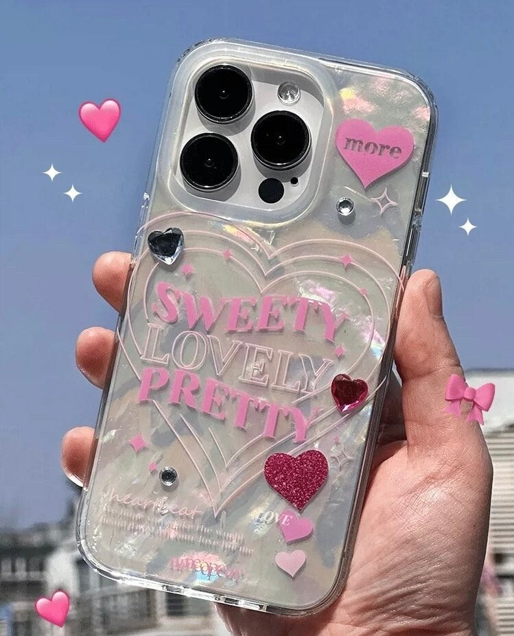 Cute White Pearlescent Holographic with Words of Inspiration Sweety Pretty Design Protective Phone Case for iPhone 11 12 13 14 15 Pro Max