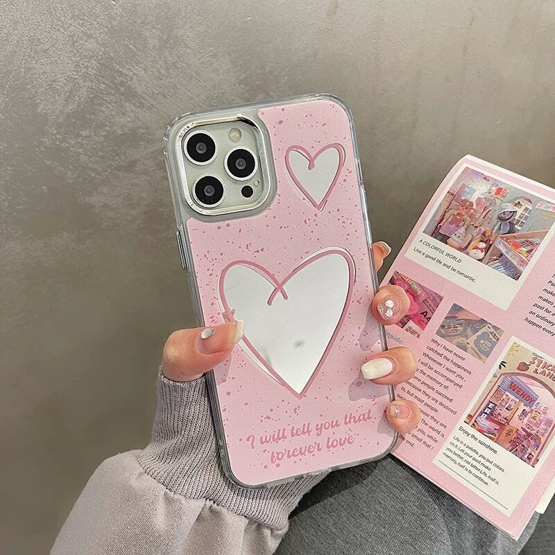 Cute Pink Paint Splatter Heart Shaped Electroplated Silver Design + Crossbody Strap Protective Phone Case for iPhone 11 12 13 14 Pro Max