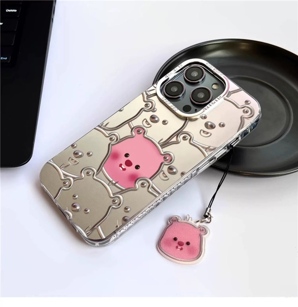 Cute Pink 3D Piggies Eletectroplated Silver Matte Design Protective Shockproof Phone Case + Cute Pig Charm for iPhone 11 12 13 14 15 Pro Max