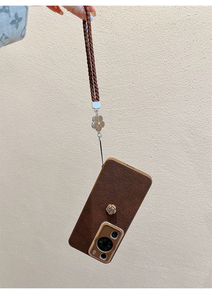 Cute Minimalist Brown Leather With a 3D Brown Flower Design Protective Phone Case with Rope Hand Strap for iPhone 11 12 13 14 Pro Max