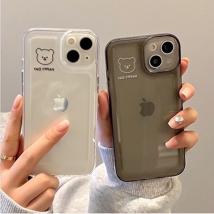 Cute Clear Happy Day Words of Inspiration Cartoon Bear Apple Logo Design Protective Shockproof Phone Case for iPhone 11 12 13 14 15 Pro Max