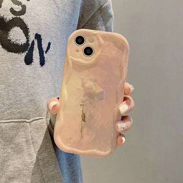 Cute Pastel Color Pink White Oil Painting Flower Protective Shockproof Phone Case with Foldable Stand for iPhone 11 12 13 14 15 Pro Max