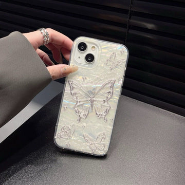 Cute White Pearlescent Holographic with Silver Gray Butterflies Print Design Protective Phone Case for iPhone 11 12 13 14 15 Pro Max