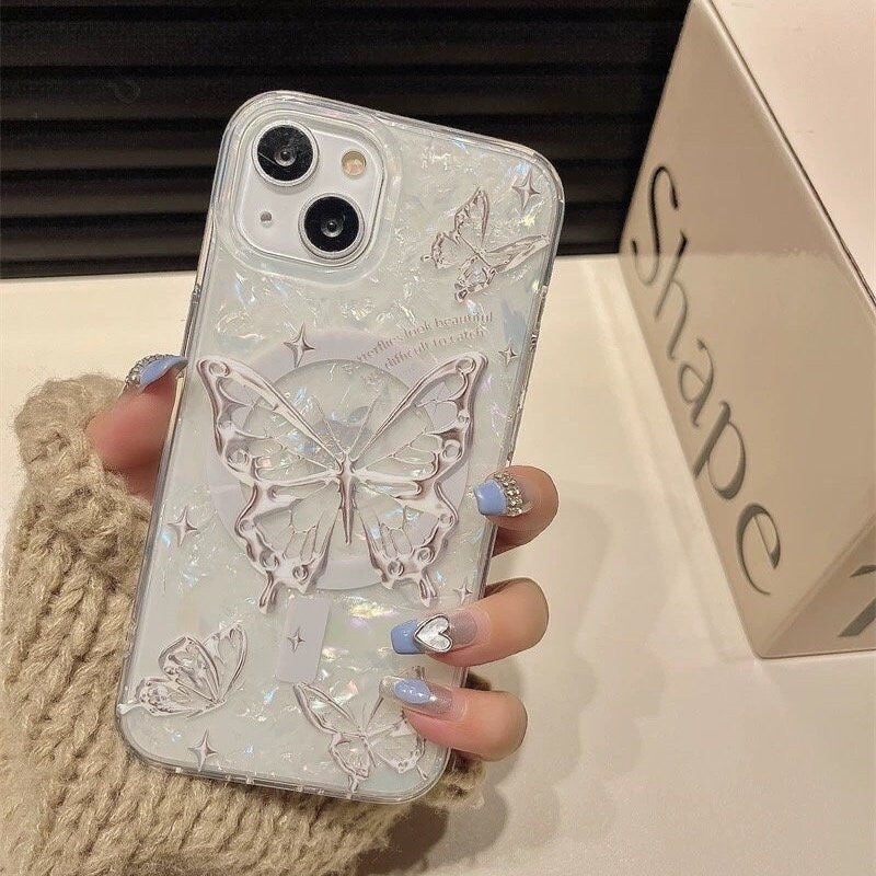 Cute White Pearlescent Holographic Silver Gray Butterfly Print Design Protective Phone Case + Pop Up Stand for iPhone 11 12 13 14 15 Pro Max