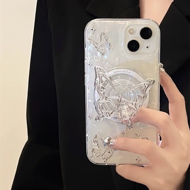 Cute White Pearlescent Holographic Silver Gray Butterfly Print Design Protective Phone Case + Pop Up Stand for iPhone 11 12 13 14 15 Pro Max