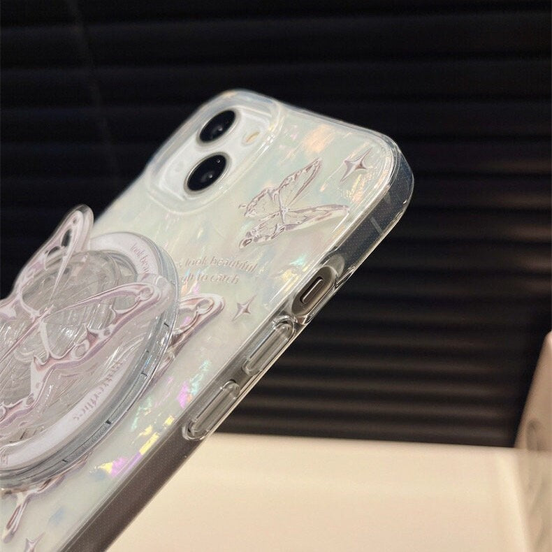 Cute White Pearlescent Holographic Silver Gray Butterfly Print Design Protective Phone Case + Pop Up Stand for iPhone 11 12 13 14 15 Pro Max