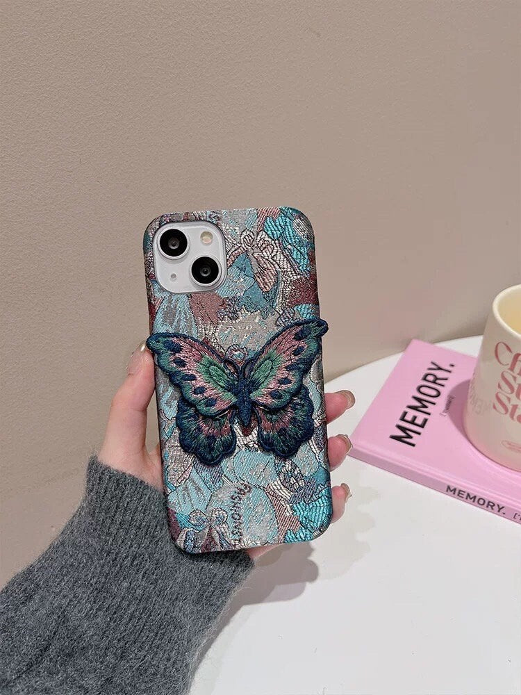 Cute Blue Jacquard Embroidery Design Protective Shockproof Phone Case with a Blue Butterly Cloth Patch for iPhone 11 12 13 14 15 Pro Max
