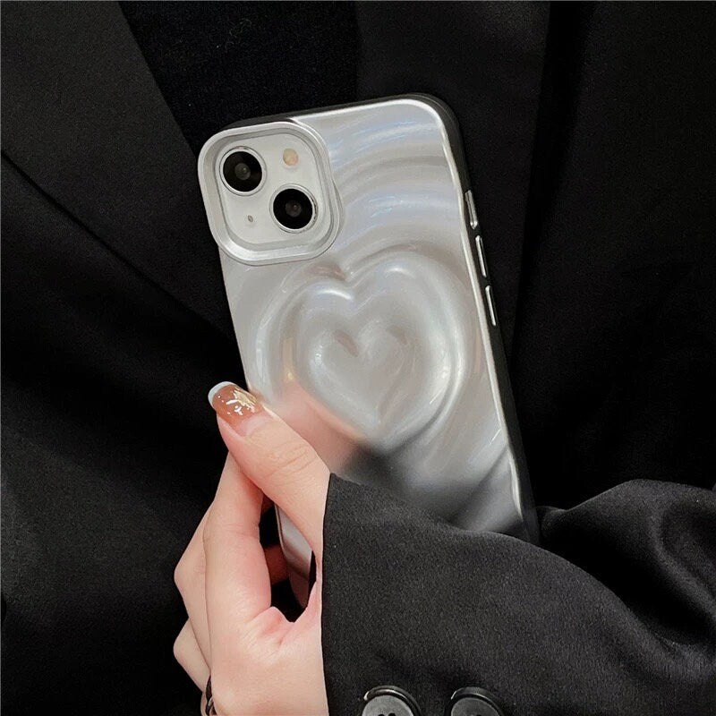Cute Grey Silver Electroplated 3D Heart Tunnel Ripple Wave Design Protective Shockproof iPhone Case for iPhone 11 12 13 14 15 Plus Pro Max