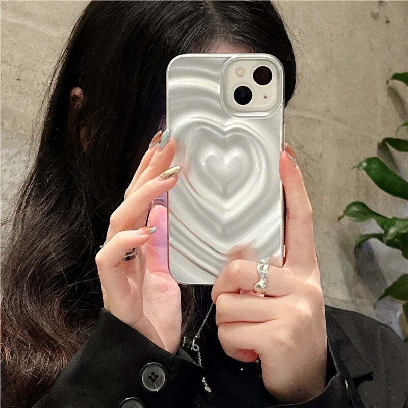 Cute Grey Silver Electroplated 3D Heart Tunnel Ripple Wave Design Protective Shockproof iPhone Case for iPhone 11 12 13 14 15 Plus Pro Max