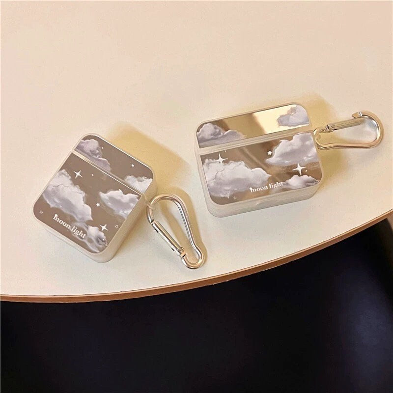 Cute Electroplated Silver White Cloud Print Protective Shockproof Cover AirPods Case + Silver Carabiner for AirPods 1 2 3 Pro 2 Generation