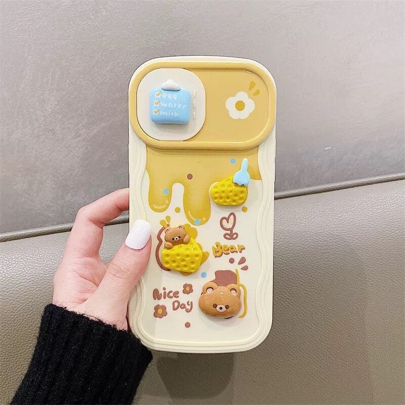 Cute 3D Brown Bear Yellow Honey Drip Honey Pot Decoden Design Protective Phone Case with Rope Hand Strap for iPhone 11 12 13 14 Pro Max