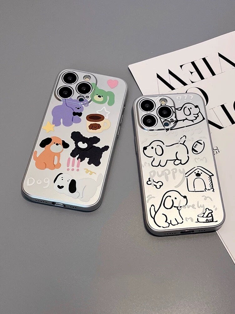 Cute Pet Puppy Lover Electroplated Silver Grey Dog Doodle Drawings Design Protective Shockproof Phone Case for iPhone 11 12 13 14 15 Pro Max