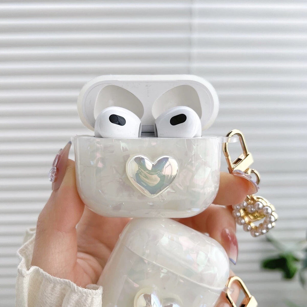 Cute White Pearlescent Marble Heart Protective Shockproof Cover AirPods Case + Carabiner Heart Charm for AirPods 1 2 3 Pro 2 Generation
