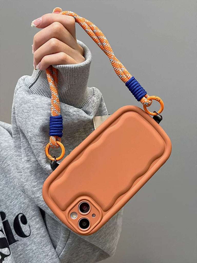 Cute Solid Color Minimalist Thick Bulky 3D Wave Design Protective Shockproof iPhone Case + Rope Strap for iPhone 11 12 13 14 15 Plus Pro Max