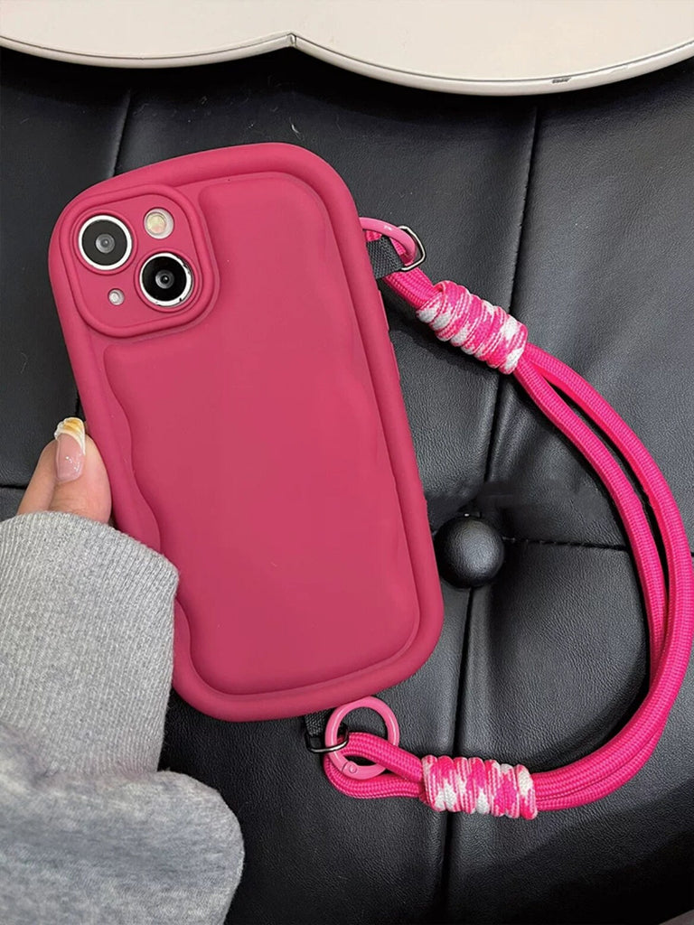 Cute Solid Color Minimalist Thick Bulky 3D Wave Design Protective Shockproof iPhone Case + Rope Strap for iPhone 11 12 13 14 15 Plus Pro Max