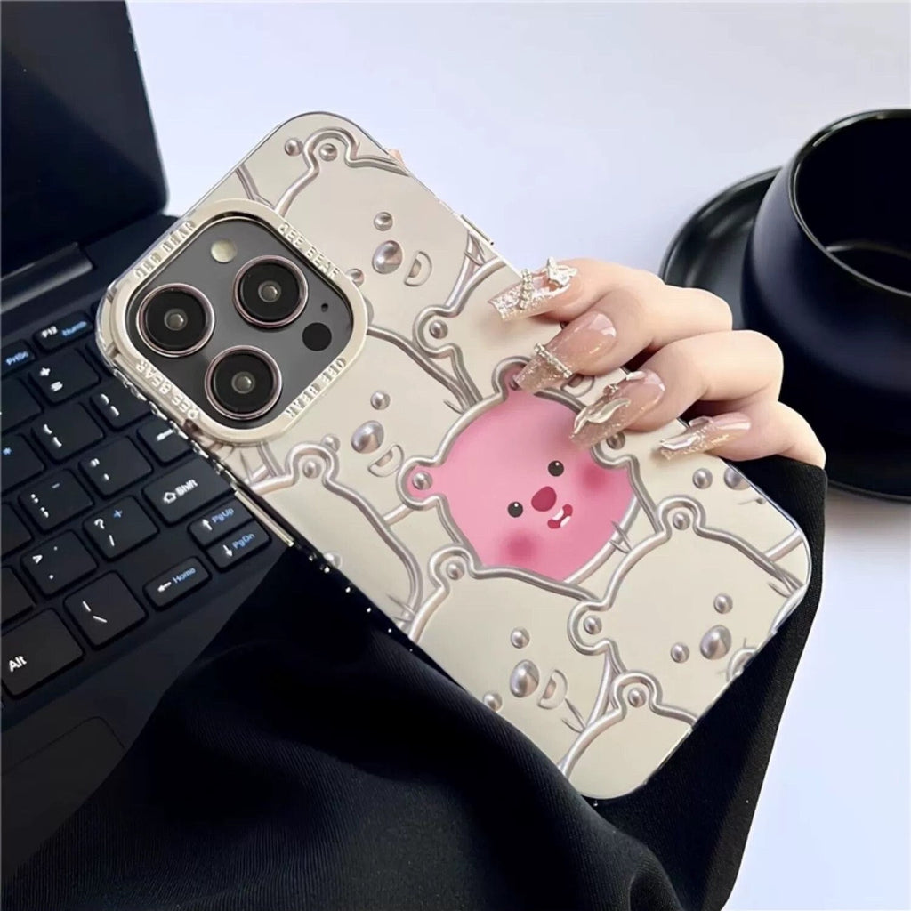 Cute Pink 3D Piggies Eletectroplated Silver Matte Design Protective Shockproof Phone Case + Cute Pig Charm for iPhone 11 12 13 14 15 Pro Max