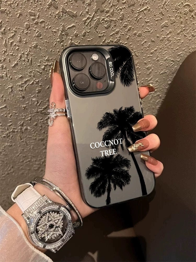 Cute Grey Minimalist Sleek Black Coconut Palm Tree Print Design Protective Shockproof Phone Case for iPhone X XR XS 11 12 13 14 15 Pro Max