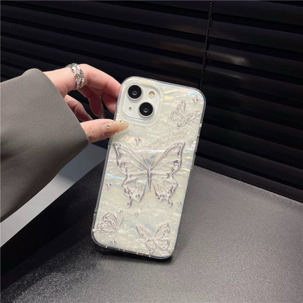 Cute White Pearlescent Holographic with Silver Gray Butterflies Print Design Protective Phone Case for iPhone 11 12 13 14 15 Pro Max