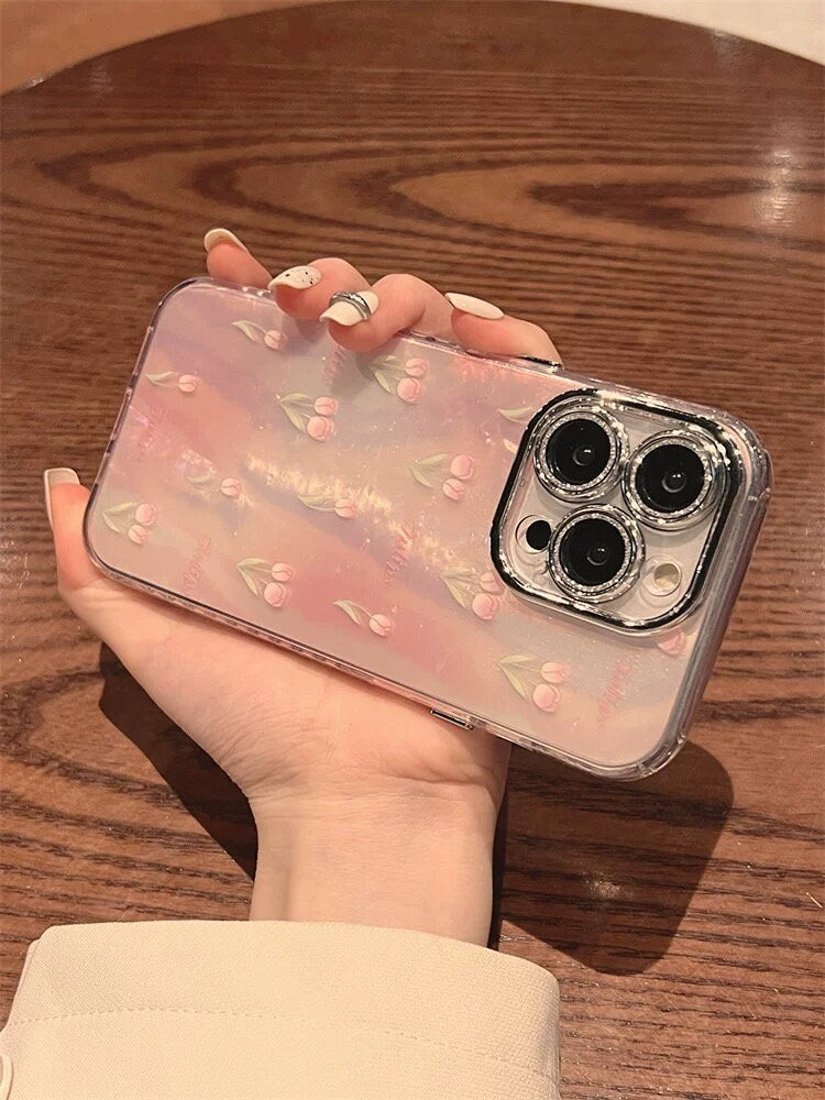 Cute Pink Pearlescent Holographic Floral Tulips with Silver Bling Camera Lens Design Protective Phone Case for iPhone 12 13 14 15 Pro Max