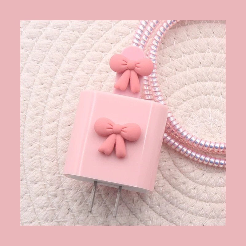Cute Pink Solid Ribbon Shaped Decor Design Protective Shockproof iPhone Charger Case + Holographic Cable Wire Cover for Charger Longevity