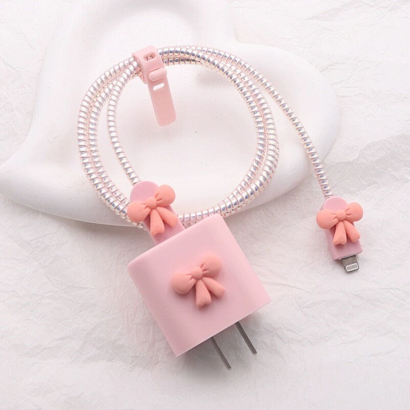 Cute Pink Solid Ribbon Shaped Decor Design Protective Shockproof iPhone Charger Case + Holographic Cable Wire Cover for Charger Longevity