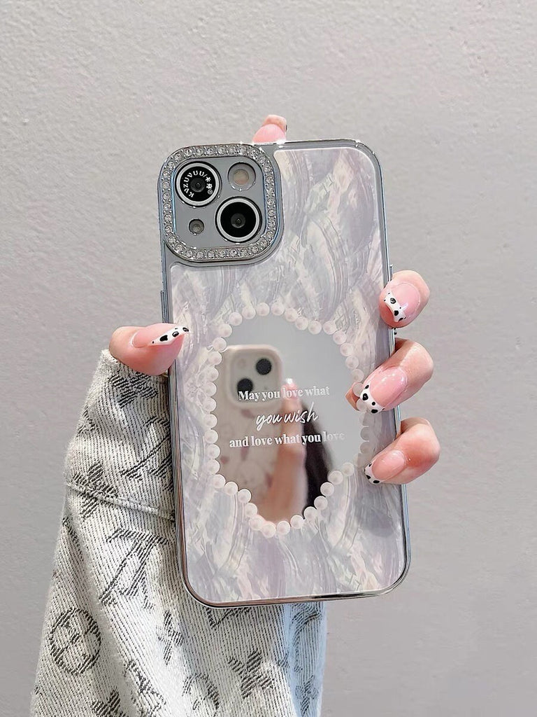 Cute Silver Grey Electroplated Heart Shape Mirror Design Protective Shockproof Phone Case + Hand Strap for iPhone 11 12 13 14 15 Pro Max