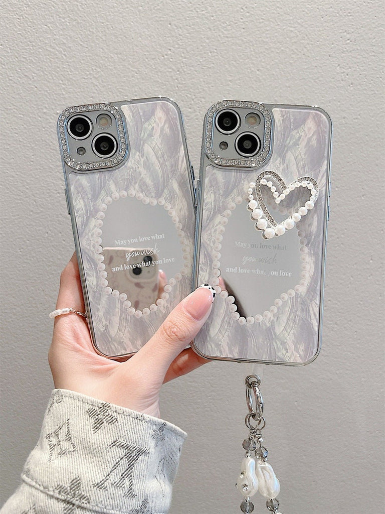 Cute Silver Grey Electroplated Heart Shape Mirror Design Protective Shockproof Phone Case + Hand Strap for iPhone 11 12 13 14 15 Pro Max